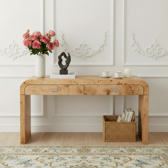 60" Burl Wood Console Table, Wooden Console Table with 2 Large Drawers, Entryway Table with Metal Handles, for Foyer, Hallway, Living Room, Office, Natural Wood+Brown