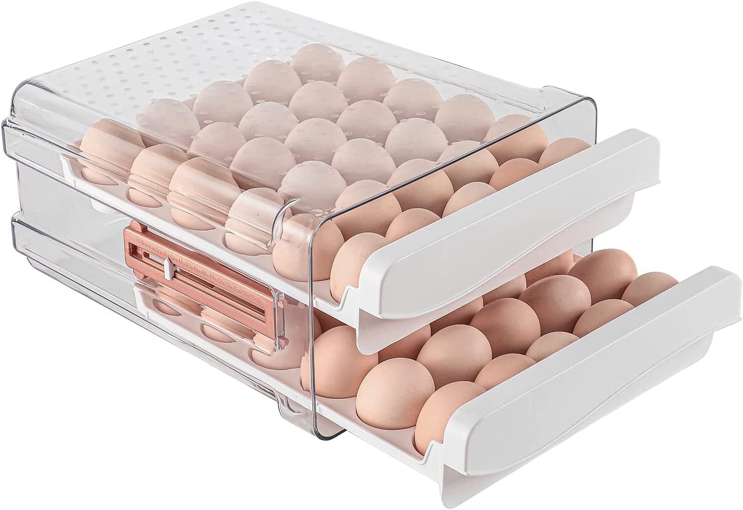 60 Capacity Egg Container for Refrigerator, Household Egg Holder for Fridge, Transparent 2 Drawers Chicken Egg Storage Container,White