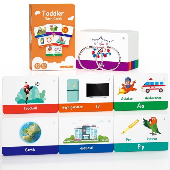 60 Cards, 120 Pictures Educational ABC Alphabet Flash Cards for Toddlers 2-4 Years, Preschool Kindergarten Toddler Flash Cards For 1,2,3,4,5,6 Years Boys, Girls, ABC Alphabet, Sports,