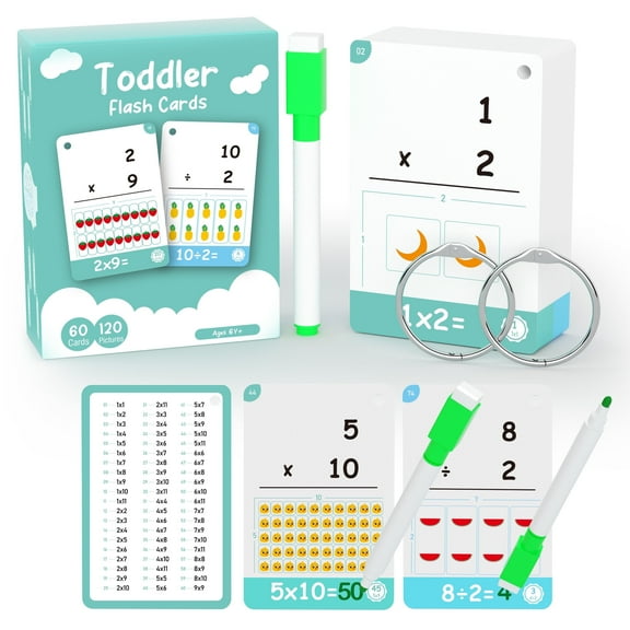 60 Cards, 120 Pictures Educational Math Flash Cards, Multiplication Flash Cards, Division Flash Cards for Toddlers 7,8,9,10,11 Years for 2ed, 3rd,4th，5th, 6th Grade Studends.