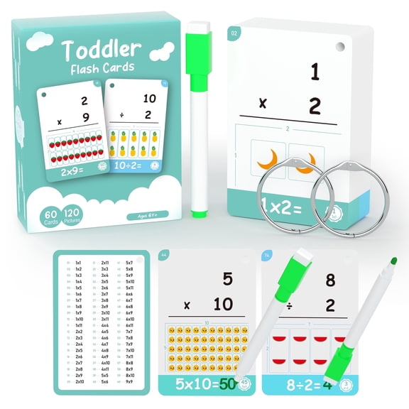 60 Cards, 120 Pictures Educational Math Flash Cards, Multiplication Flash Cards, Division Flash Cards for Toddlers 7,8,9,10,11 Years for 2ed, 3rd,4th,5th, 6th Grade Studends.