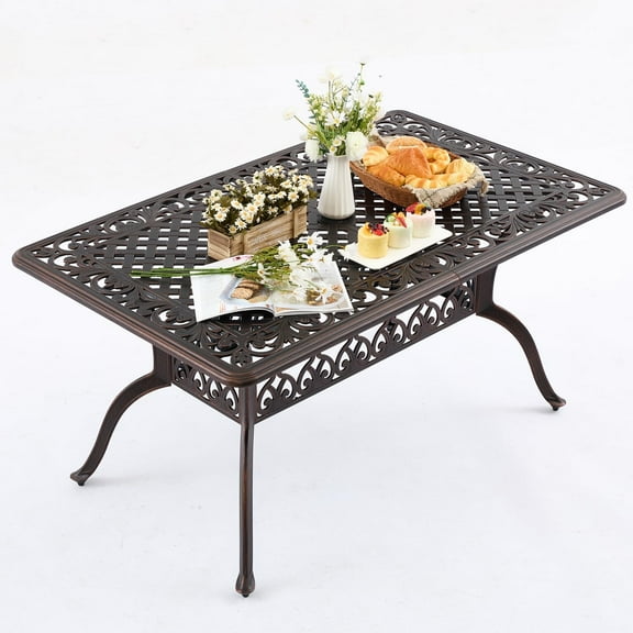 60" Cast Aluminum Outdoor Dining Table – Rectangular Red Copper Patio Table with 2" Umbrella Hole, Weather-Resistant for Garden, Backyard, and Lawn