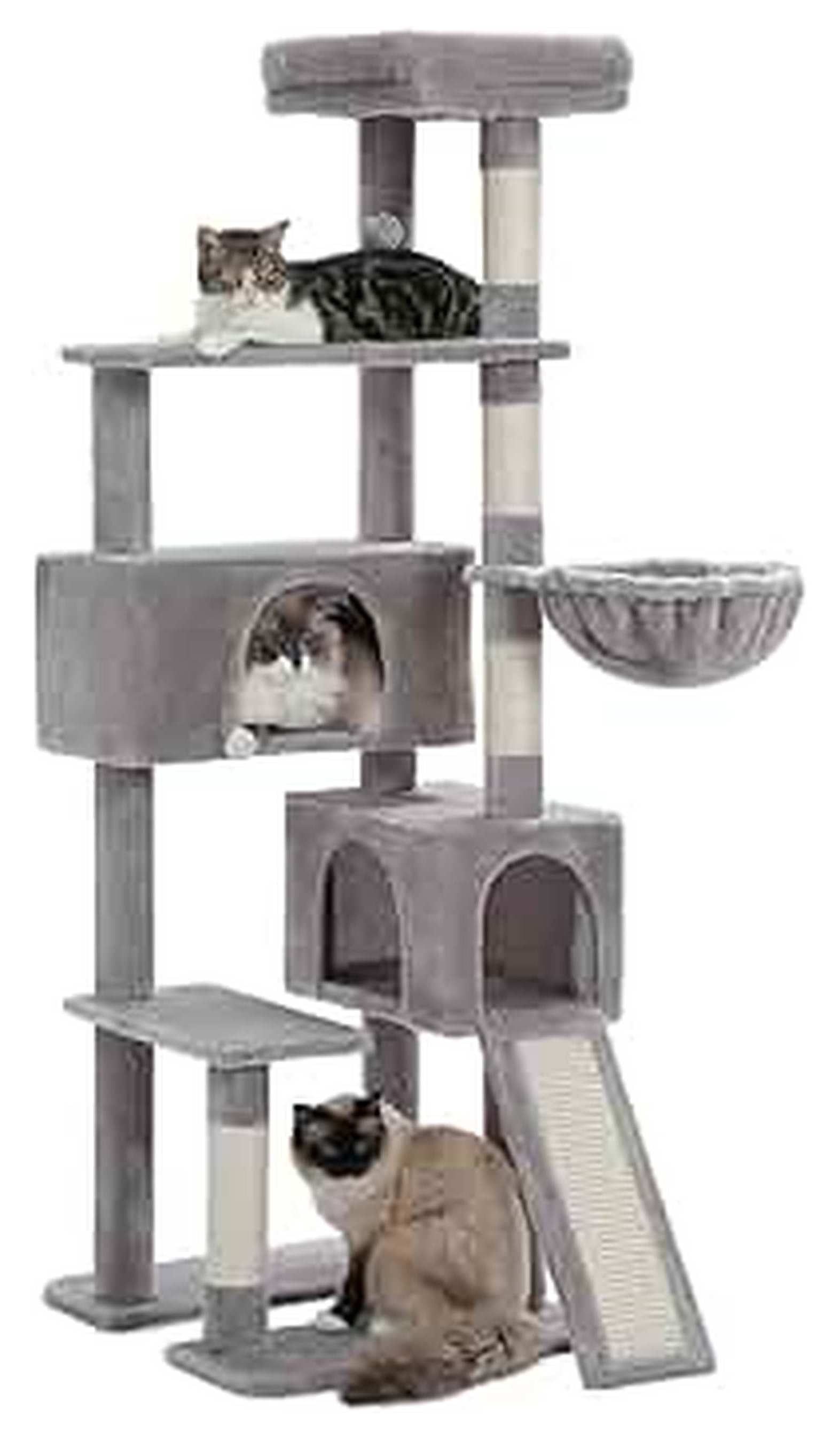60'' Cat Tree Tower, Large Cat Condo Indoor, Wide Perch, Hammock, Sisal Scratching Posts for Adult Cats, Gray