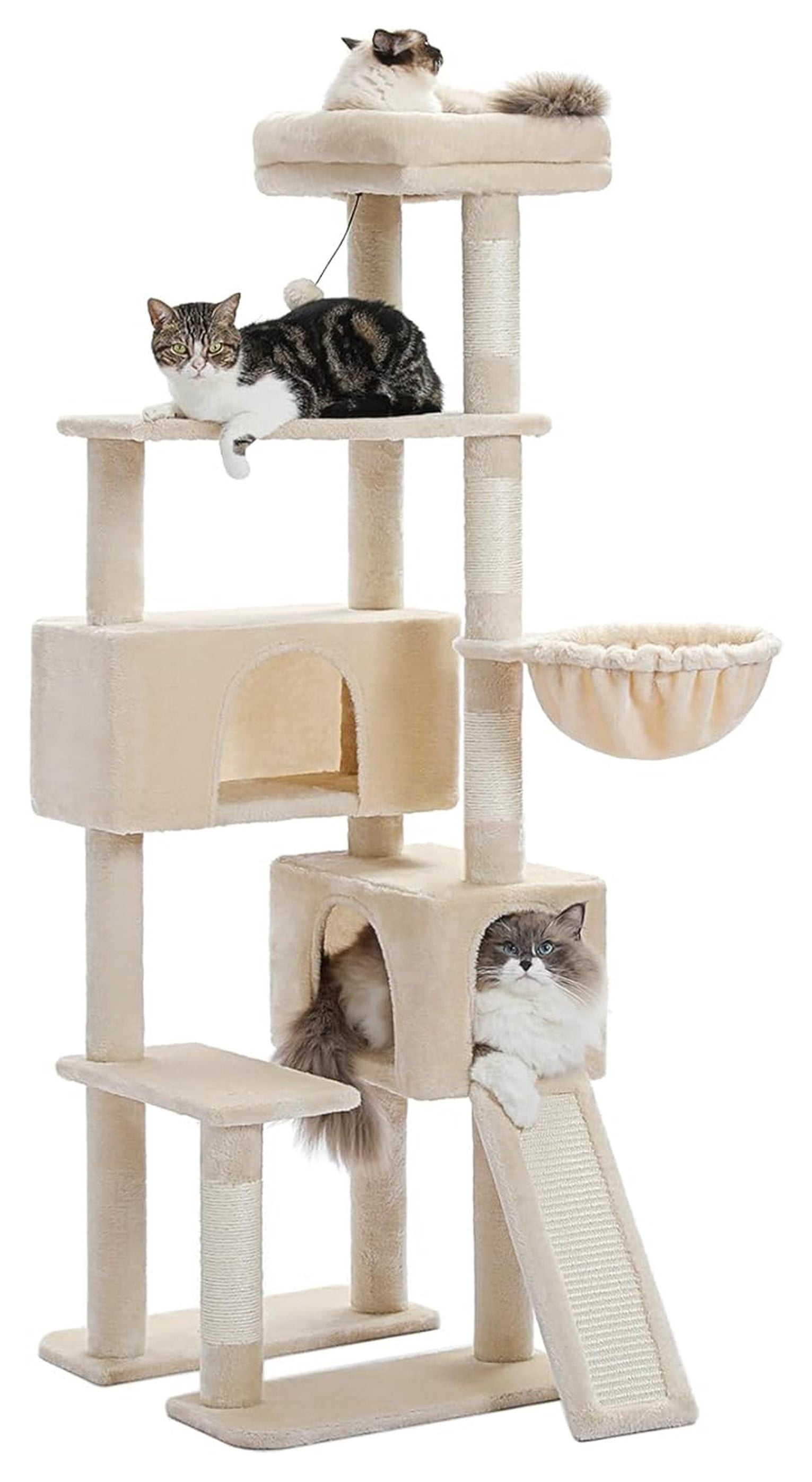 60'' Cat Tree Tower, Large Cat Condo with Scratching Posts, Cozy Hammock, Beige Indoor Cat Climbing Tower for Adult Cats