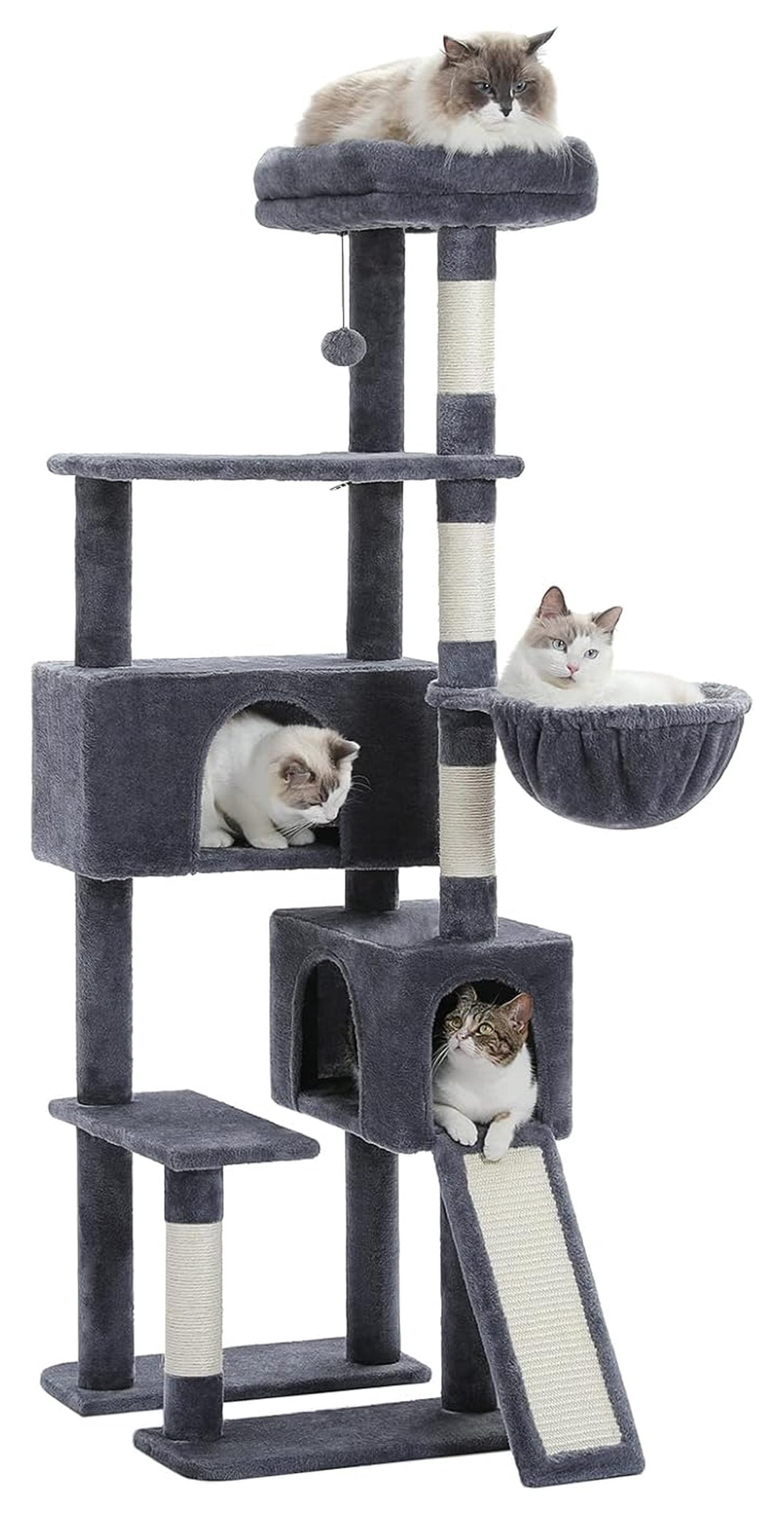 60'' Cat Tree Tower, Large Cat Condo with Scratching Posts & Hammock - Smoky Gray