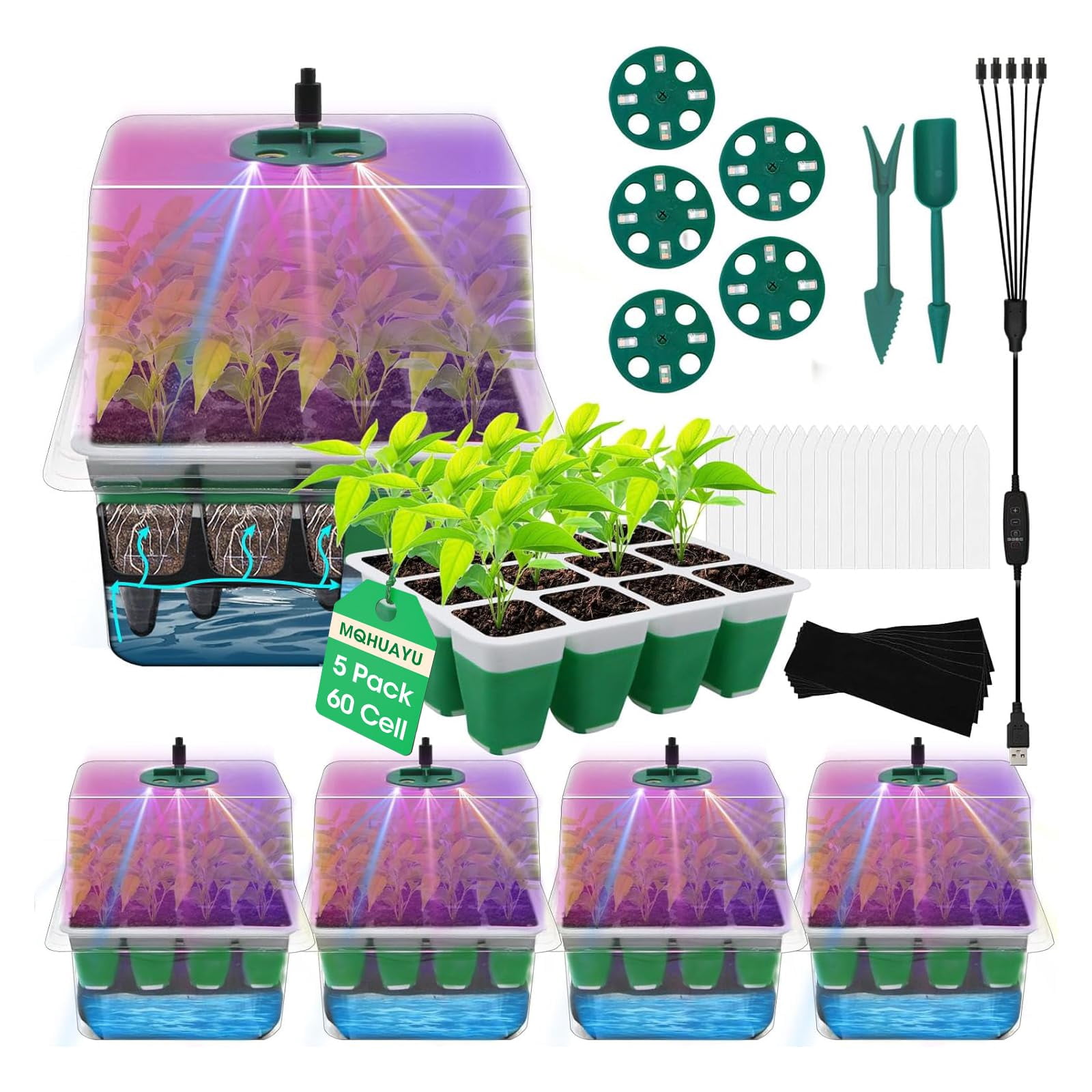 60-Cell Self Watering Seed Starter Tray with Grow Light, 5-Pack Reusable Seed Starter Kit with Soft Silicone, Plant Germination Trays with Humidity Dome for Seeding Planting Growing