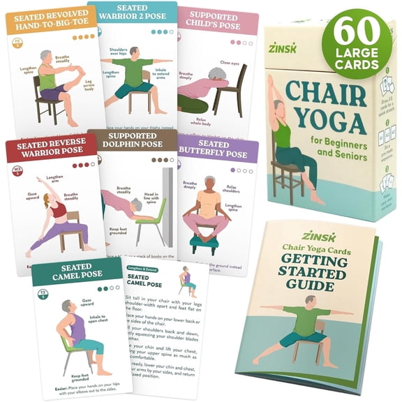 60 Chair Yoga Exercises Gentle Workouts for Flexibility, Balance & Strength Big 4 x 6 Cards with Step-by-Step Large-Text Instructions Guidebook & 10 Pre-Made Routines for Seniors & Beginners