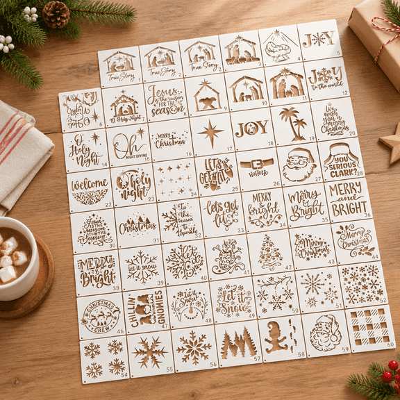 60 Christmas 3x3 Inch Reusable Craft Stencils with Assorted Holiday Patterns