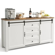 Coffee Bar Cabinet, Lofka 60" Buffet Cabinet with Storage, 2 Sliding Barn Doors & 4 Drawers for Kitchen, White + Rustic Brown