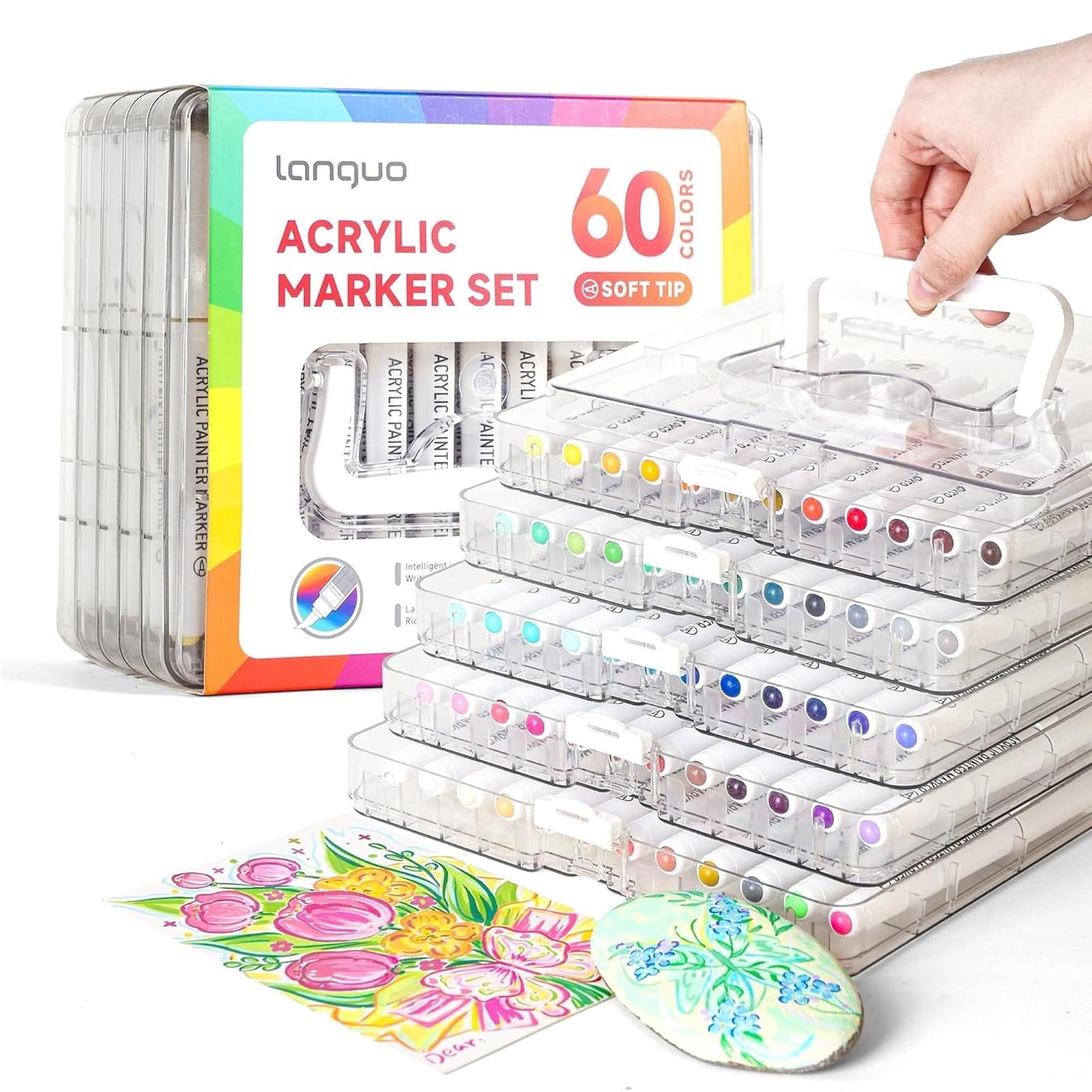 60-Color Acrylic Marker Set, Soft-Tip Markers, Quick-Drying, Smudge-Proof, Suitable for Painting on Rock, Wood, Eggs, Ceramics, and Fabric; Art Supplies