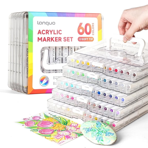 60-Color Acrylic Marker Set, Soft-Tip Markers, Quick-Drying, Smudge-Proof, Suitable for Painting on Rock, Wood, Eggs, Ceramics, and Fabric; Art Supplies