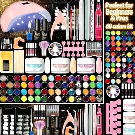 60-Color Acrylic Nail Kit with Drill & UV Light - All-In-One Complete Manicure Set for Beginners & Pros, Home Salon, Non-Toxic, Great Gift for Women