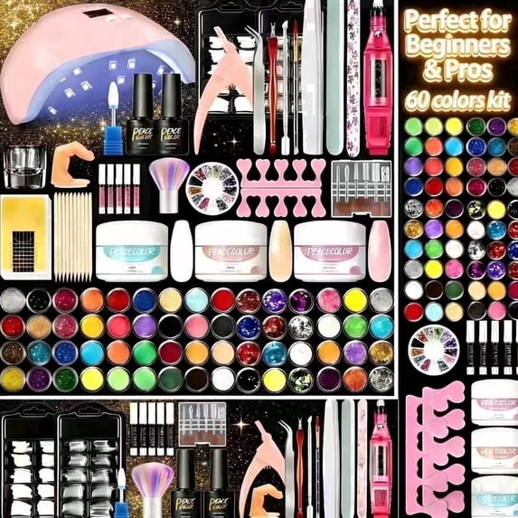 60-Color Acrylic Nail Kit with Drill & UV Light - All-In-One Complete Manicure Set for Beginners & Pros, Home Salon, Non-Toxic, Great Gift for Women