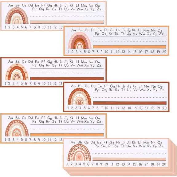 60 Colorful Desk Name Tags for Classroom (12x4) - Traditional Manuscript Name Plates - Student Name Tags for Desks Classroom Learning Handwriting Alphabet, Number Line, Colors, Shapes, Number