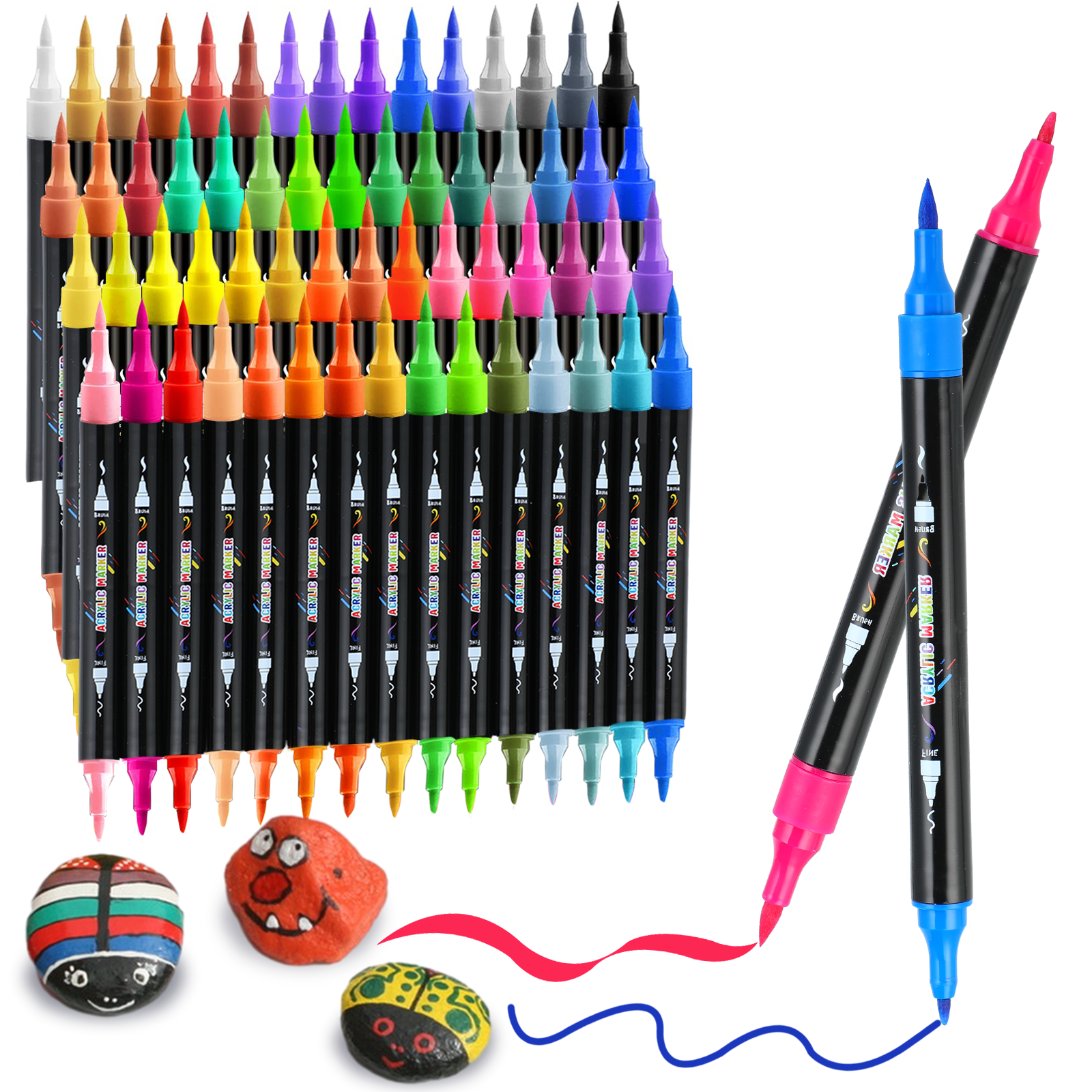 60 Colors Acrylic Paint Markers, Dual Tip Acrylic Paint Pens with Brush and Fine Tips for Kids, Adults, Wood, Canvas, Stone, Rock Painting, Glass, Ceramic Surfaces, DIY Crafts Making