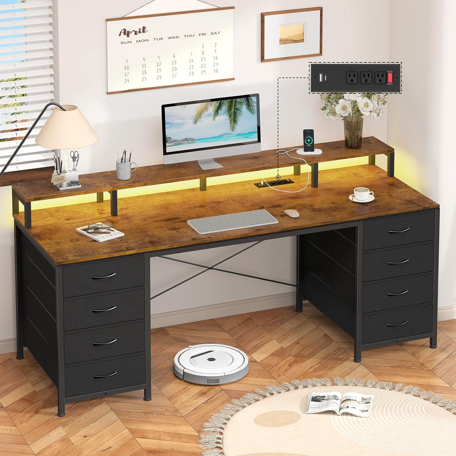 60" Computer Desk with 8 Drawers & Monitor Stand for Home Office ...
