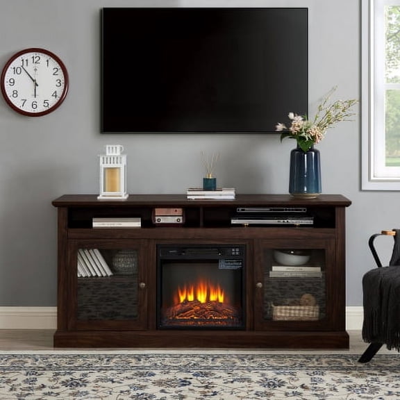 60" Contemporary TV Media Stand with 18" Fireplace Insert, Open & Closed Storage for TVs up to 65", Brown, Modern Entertainment Console 60"W15.75"D29"H