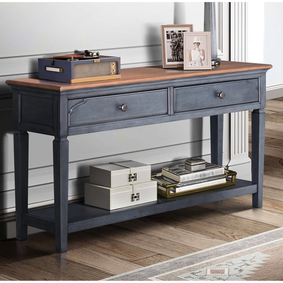 60" Corduroy Blue Vanity Table, No Assembly. 2 Drawers, 1 Shelf. Made With Rubber Solids And Birch Veneers 60 Inch Console Workstation, Built