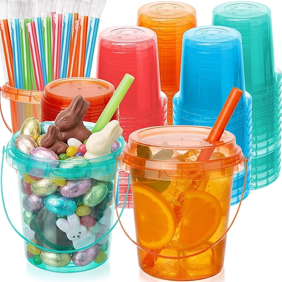 60 Count 24 Ounce Disposable Plastic Drink Buckets with Lids and Straws Multicolor
