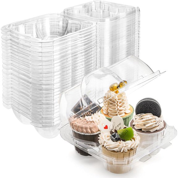 60 Count 4-Compartment Plastic Cupcake Containers - Disposable Cupcake Trays Holder Carrier Box with Lids for Cupcakes & Muffins - Hinged Lock Cupcake Clamshell - Deep Cups for Cupcake Storage