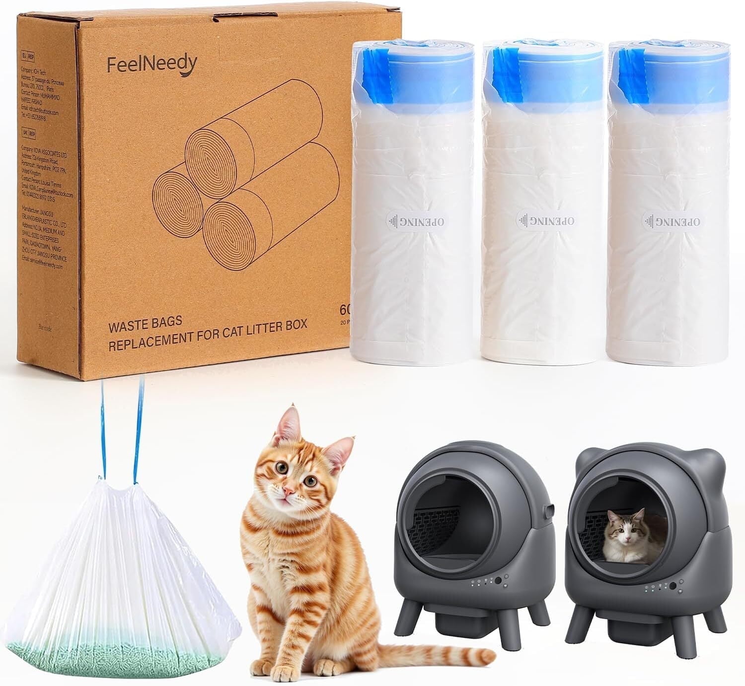60 Count Cat Litter Box Liners Replacement Waste Bags for FeelNeedy S20-A Automatic Self Cleaning Cat Litter Box