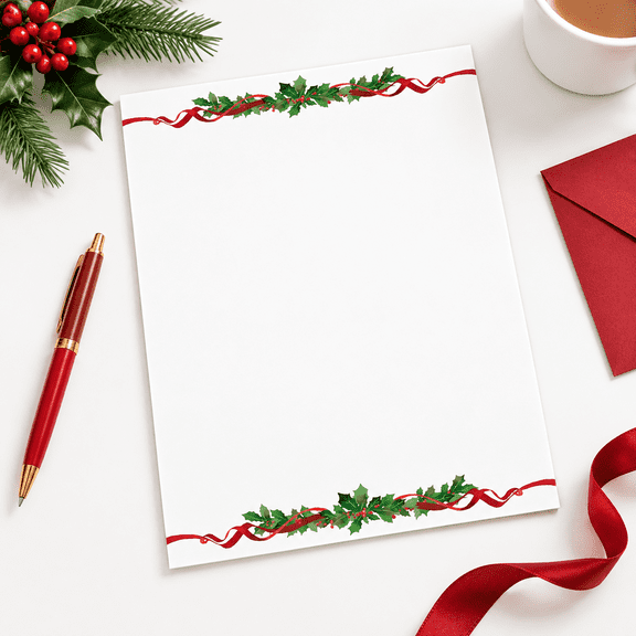 60 Count Christmas Berry Border Decorative Letter Writing Paper, 8.5 x 11 Inch