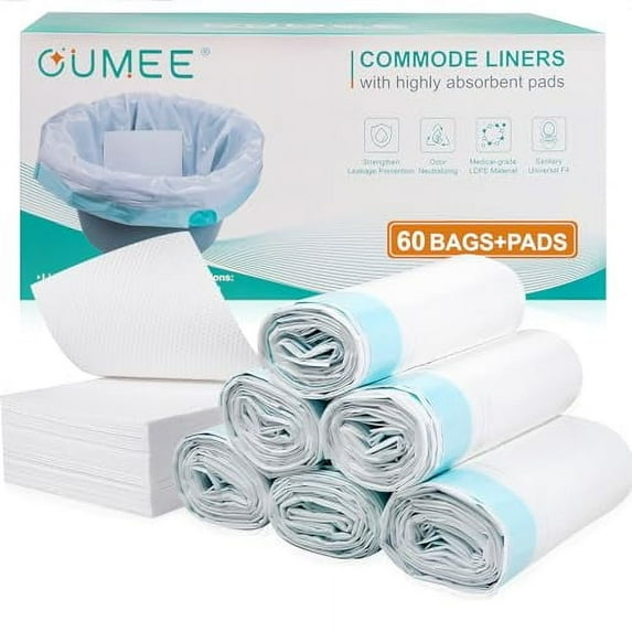 60 Count Commode Liners with Absorbent Pads, Bedside Commode Liners for Commode Bucket, Portable Toilet Liners for Adults, Universal & Leak-Proof Potty Chair Liners (60Bags + 60Pads)