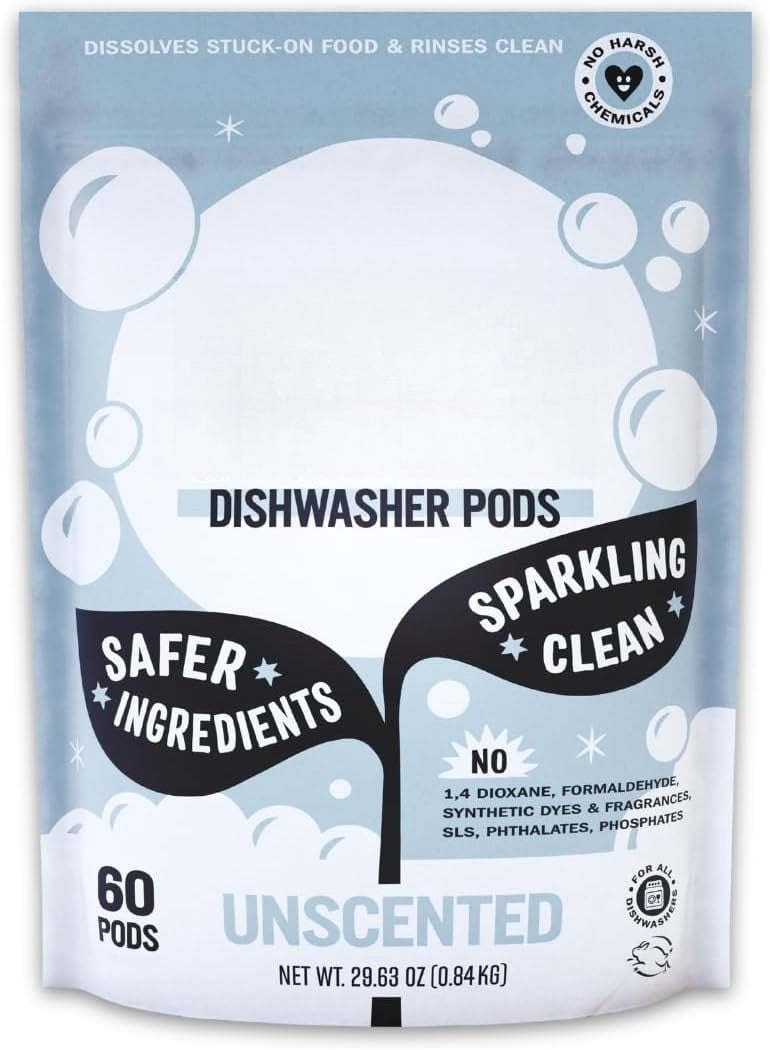 60-Count Dishwasher Detergent Pods - Unscented, Residue-Free for Sparkling Dishes, Cuts Grease & Grime, Auto-Release Tabs, Septic Safe