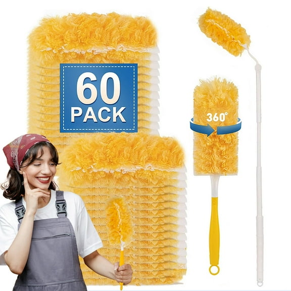 ZOWWKLLY Feather Dusters Refills Kit for Cleaning, Multi Surface 360 Duster with Extension Pole, 60 Duster Refills & 3FT Extended Handle & 1 Handle for Furniture, Blinds, Ceiling Fans, and Walls