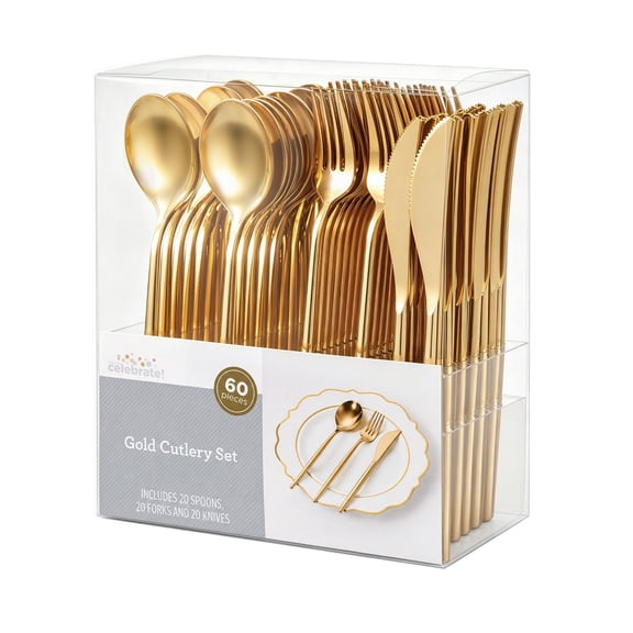 60 Count, Gold Plastic Cutlery Set with Forks, Spoons and Knives, by Way To Celebrate