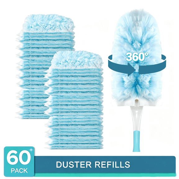 60 Count Heavy Duty Duster Refills with Handle , 360° Multisurface Microfiber Dusters, Unscented Disposable Cleaning Refills