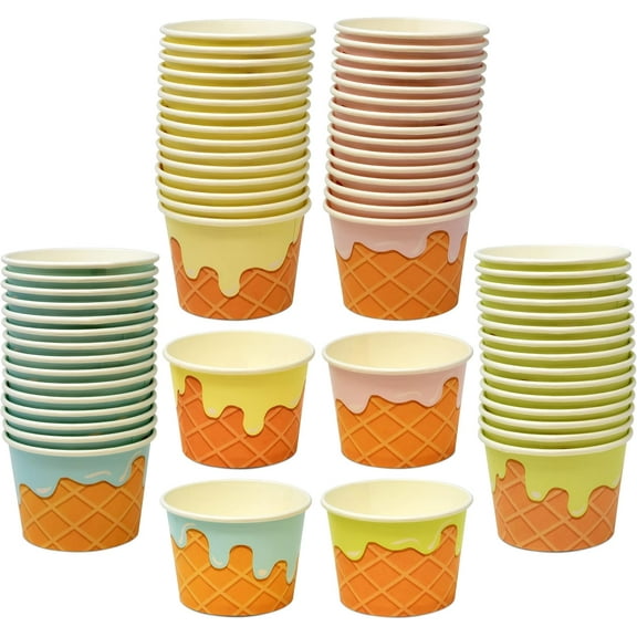 60 Count Ice Cream Treat Cups 4 designs 15 of each, size: top 9.5*height 6.4* bottom 7.3cm, 230gsm+18PE,
