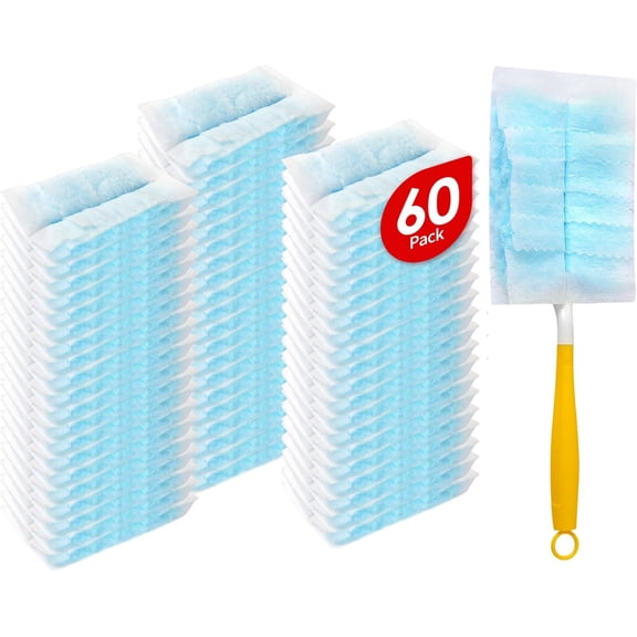 60 Count Microfibre Duster Refills Compatible with Dusters, Disposable Static Dust Removal Refills, Multi-Surface Duster with 1 count Short Handle(Unscented, Pack of 1)
