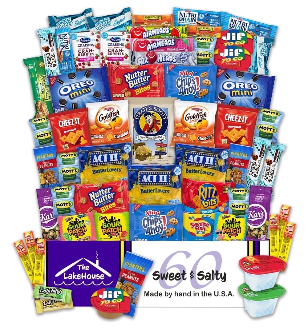 60 Count Salty Sweet Snack Box - Snacks Variety Pack for Adults - College Care Package Gift Basket - Snack Packs