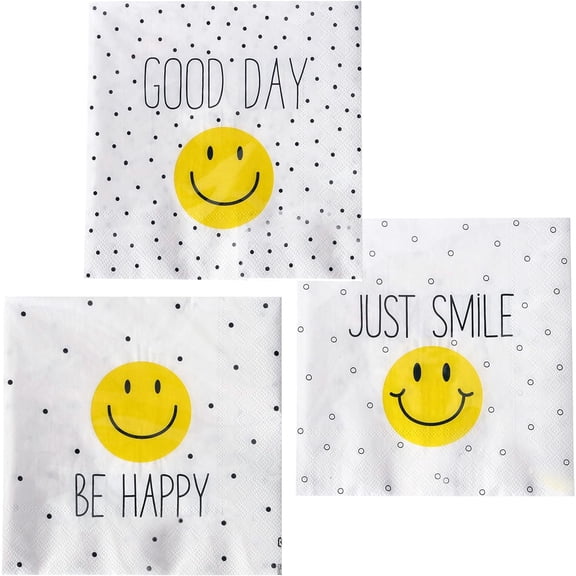60 Count Smiley Face Party Napkins, 3 Packs of 20, 3 Ply Paper, Luncheon Size 6.75 x 6.75 Inches, Yellow and Black on White