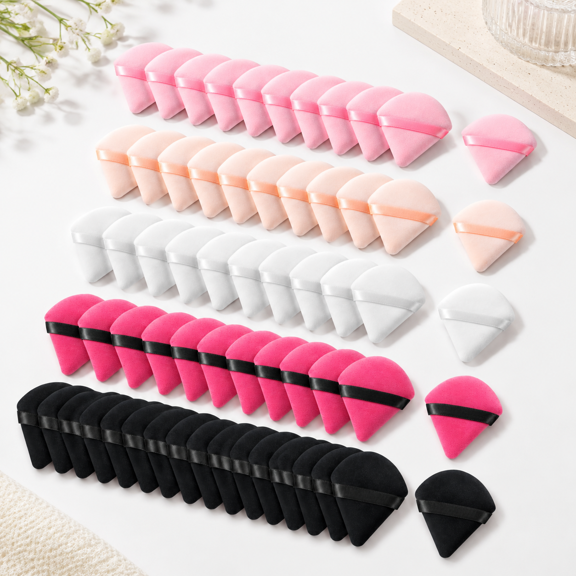 60 Count Triangle Makeup Puffs, Soft Velour and Sponge Applicators with Straps for Face and Body Use