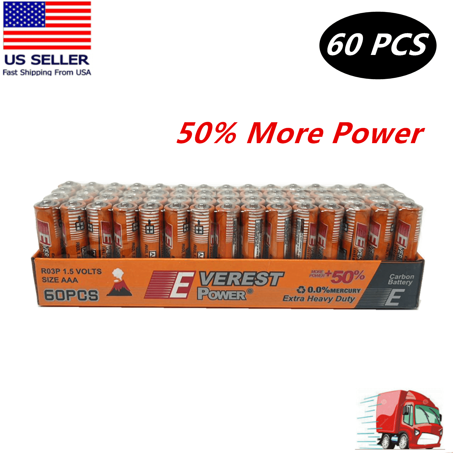60 Count Wholesale Bulk Lot AAA Batteries Extra Heavy Duty 1.5v 1 Pack Everest (50% MORE POWER)