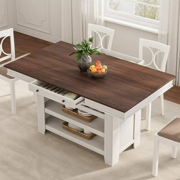 60" Counter Height Dining Table for 4, 36 in W Wood Bar Height Dining Room Table with 2 Drawer & Shelves, Deepened Wine Rack, Thick & Large Table Top for Kitchen, Bar, Rustic White