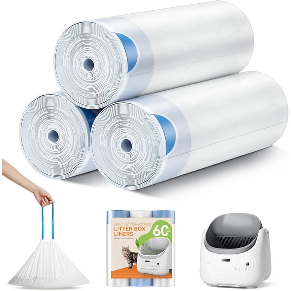 60 Counts Litter Bags for Automatic Litter Box ER-SC07, 16" x 11.8" Heavy Duty Drawstring Litter Liner, -free, 3 Rolls (20 Bags/Roll)