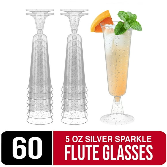 60 Crown Display Quality Plastic 5 oz. Wine Flute Glasses - Silver Sparkle