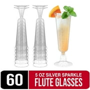 60 Crown Display Quality Plastic 5 oz. Wine Flute Glasses - Silver Sparkle