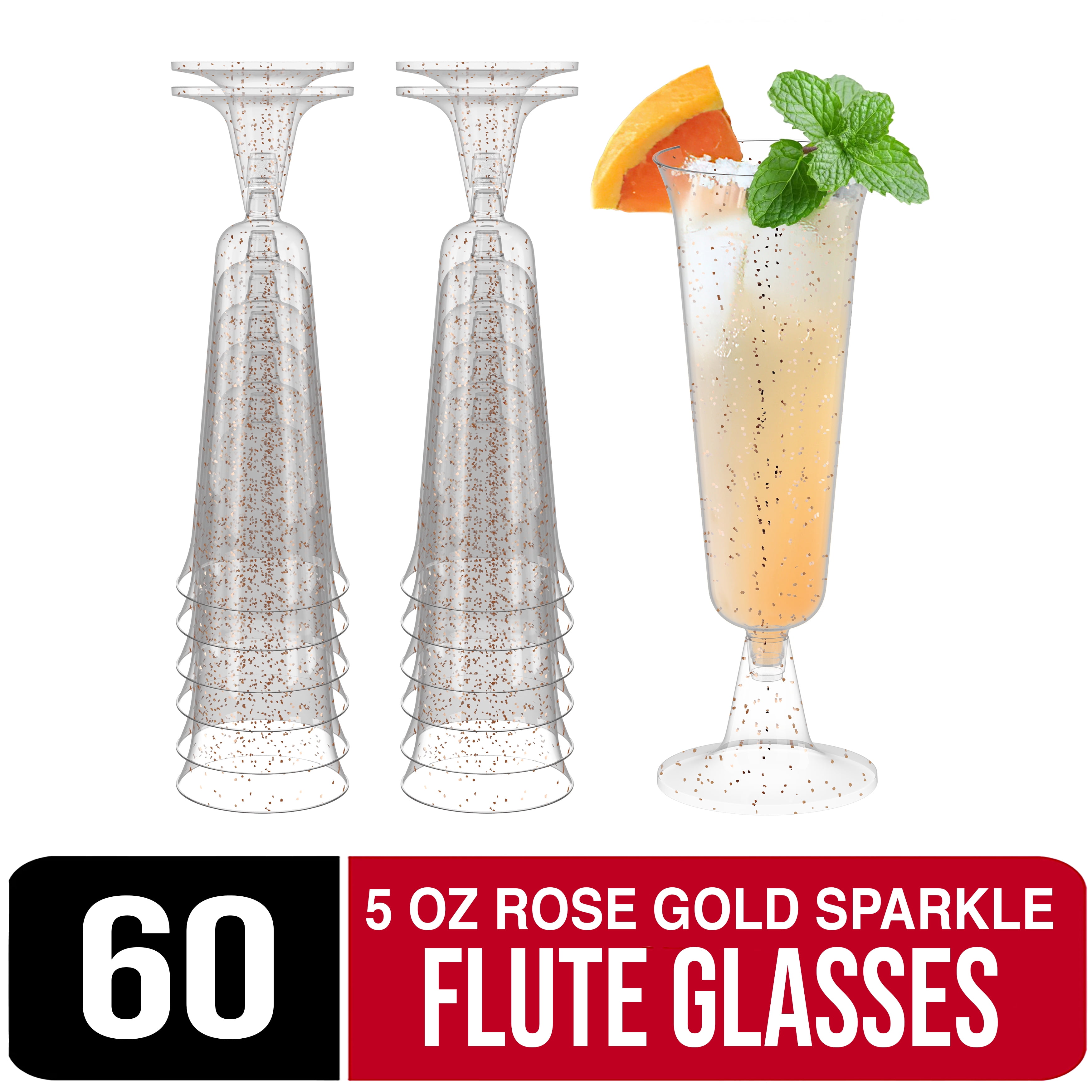 60 Crown Display Quality Plastic Wine Flute Glasses, Rose Gold Glitter Glass Like Two Piece 5 Oz Stemmed Champagne Glasses - Rose Gold Sparkle