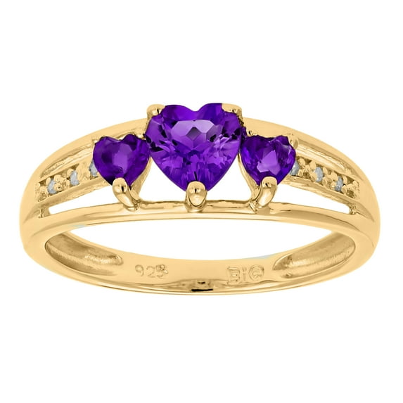 .60 Ct Triple Heart Amethyst .018 cttw Diamond Gold Plated Silver Ring Size 6