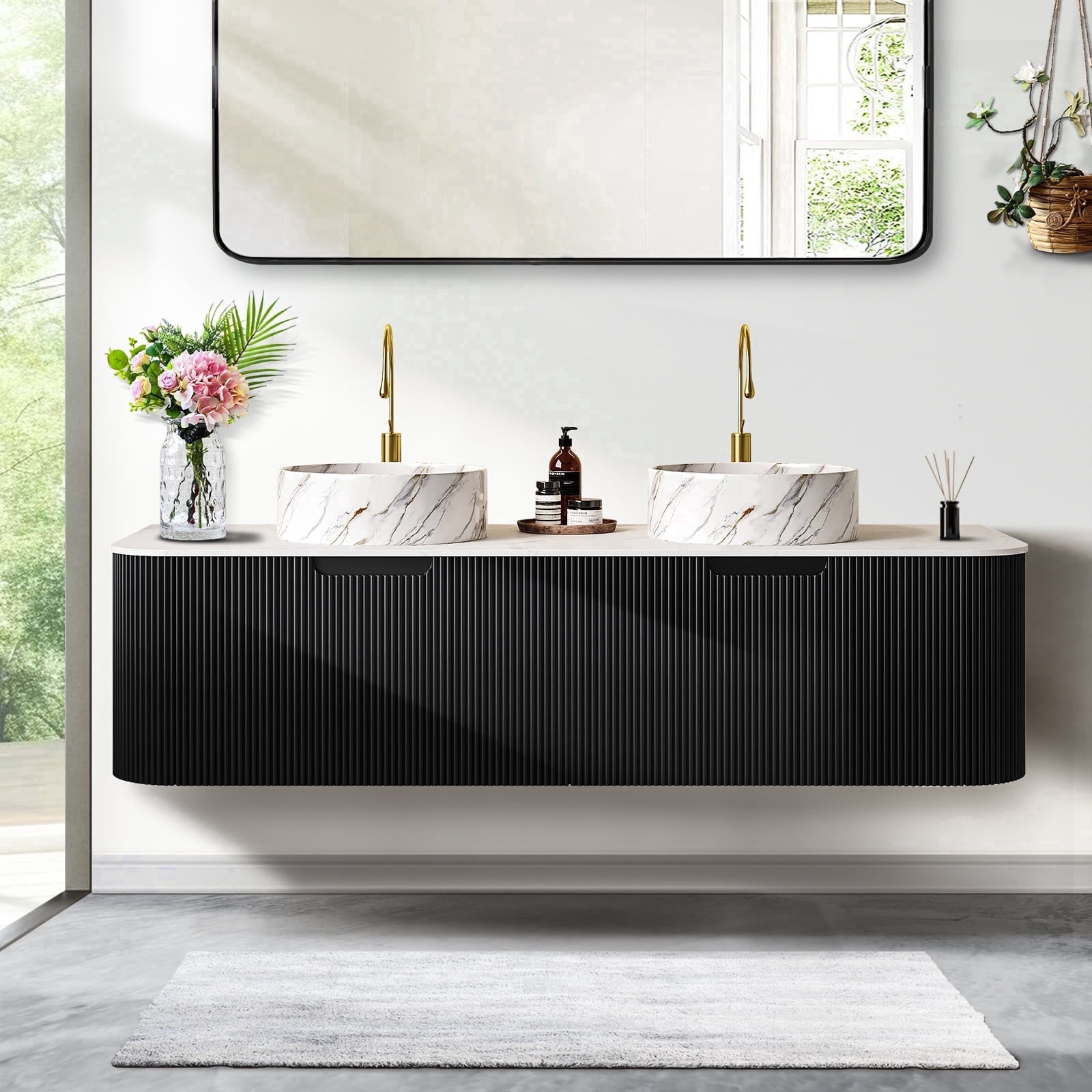 60" Curved Edges Striped Bathroom Vanity with Sink, Floating Plywood Cabinet with 2 Large Drawer, Ceramic Vessel Basin & Artificial Marble Top - Black Color Pre-assembled Vanity