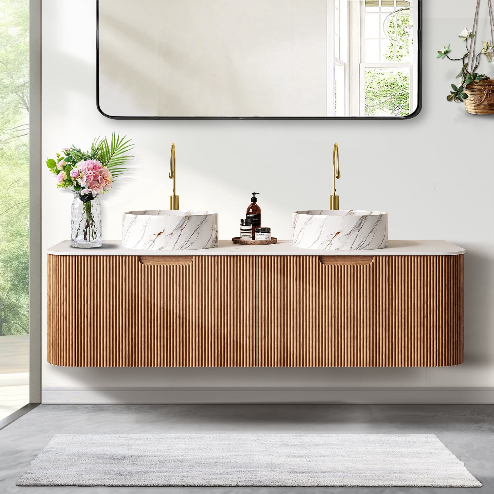 60" Curved Edges Striped Bathroom Vanity with Sink, Floating Plywood Cabinet with 2 Large Drawer, Ceramic Vessel Basin & Artificial Marble Top - Natural Wood Grain Color Pre-assembled Vanity