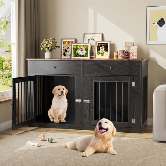 60" Dog Crate Furniture for 2 Dogs, Heavy Duty Dog Kennel Furniture TV Stand with 2 Drawers, Dog Crates for Small Medium Dogs, Dog Cage End Table for Indoor Use