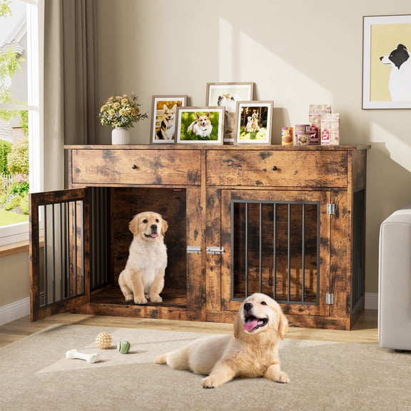60" Dog Crate Furniture for 2 Dogs, Heavy Duty Dog Kennel Furniture TV Stand with 2 Drawers, Dog Crates for Small Medium Dogs, Dog Cage End Table for Indoor Use