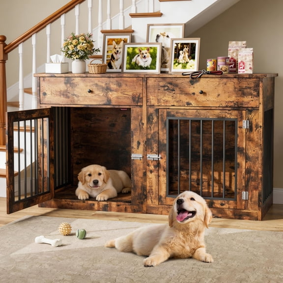 60" Dog Crate Furniture for 2 Dogs, Heavy Duty Dog Kennel Furniture TV Stand with 2 Drawers, Dog Crates for Small Medium Dogs, Dog Cage End Table for Indoor Use