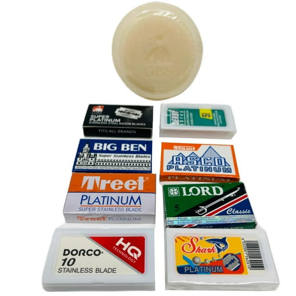 60 Double Edge Blade Pack Sampler - Variety Safety Razor Blades - Derby, 7 AM, Asco, Merkur, BigBen, Dorco, Sharp and Lord. Includes Free GBS Driftwood Soap!