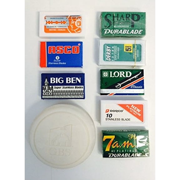 60 Double Edge Safety Blade Variety Pack - Includes merkur 10 pack, lord, Sharp, Asco, Big Ben, Derby, 7 AM, + 3 Oz 97% Natural Gbs Shave Soap Driftwood -